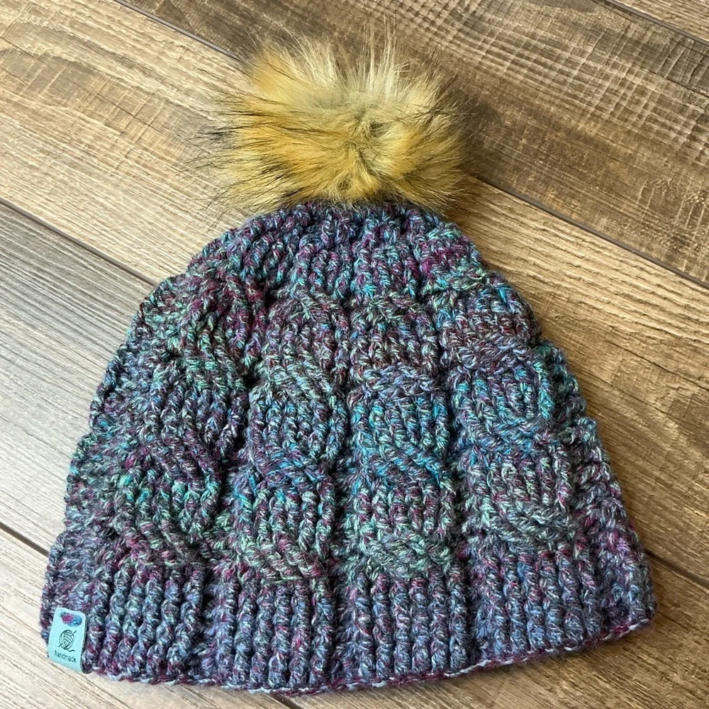 Cable Knit Crochet Beanie Hat Handcrafted With Faux Fur Pom Handmade Purple Blue
